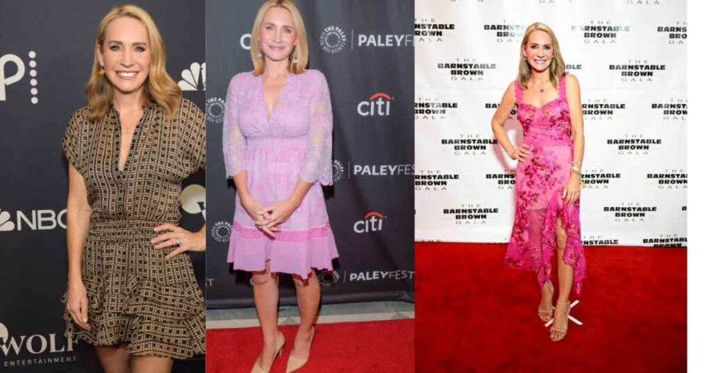 Three images showcasing women in elegant dresses and heels, highlighting Andrea Canning wardrobe choices.