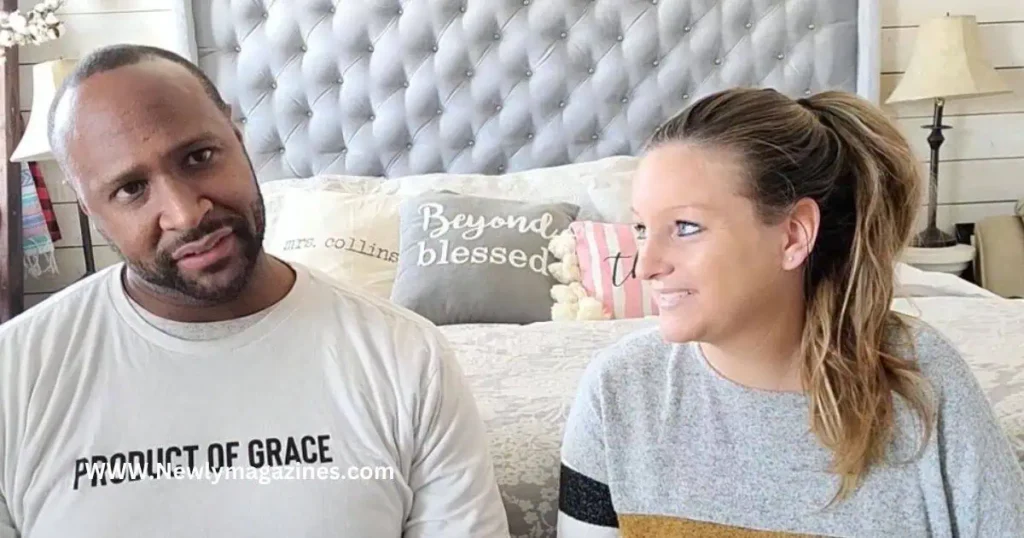 A man and woman sit on a bed against a white background, highlighting Mandrae Collins' professional career.