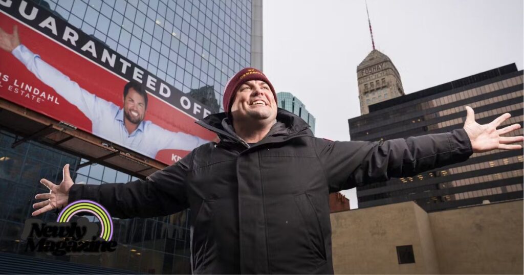 A man in a red coat stands before a billboard, embodying the essence of Marketing Mastery and Public Presence.